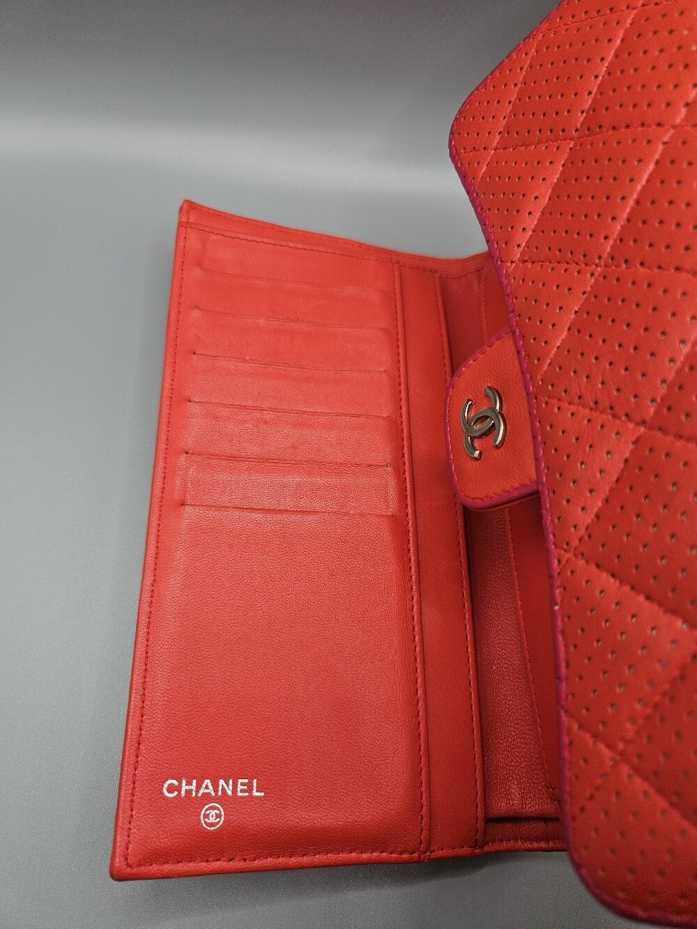 🌺Chanel Quilted Perforated Coral Red Leather Wallet/Clutch🌺 - Picture 15 of 16